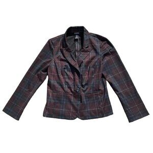 Vintage 90s Dark Grunge Preppy Plaid Fall Autumn Burgundy Gingham Blazer Jacket